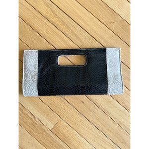 Giannini Cream and Black Snakeskin Embossed Faux Leather Clutch
